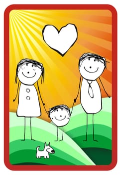 hand writting illustration of a happy family of three and their dog. Vector format available