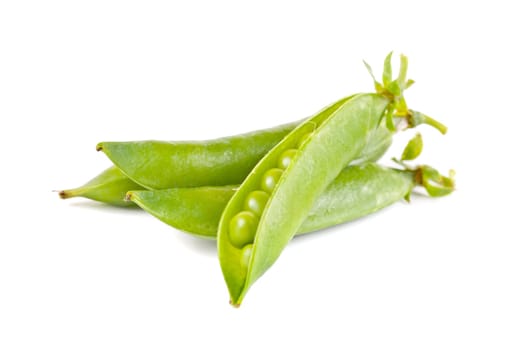 Ripe pea vegetable with green leaf isolated on white background