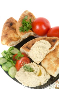 Bread with pate and fresh vegetables of tomatoes and cucumbers