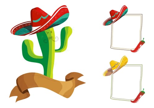 Mexican food menu design set: funny cactus cartoon character illustration and billboard over white.