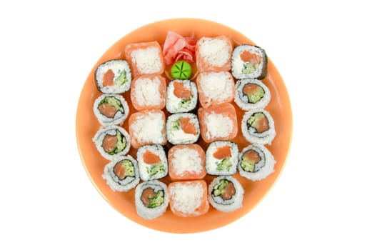 Closeup japanese sushi set at plate on a white