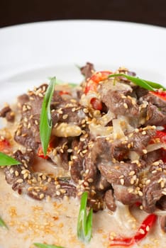 tasty dish of sliced beef roasted with vegetables