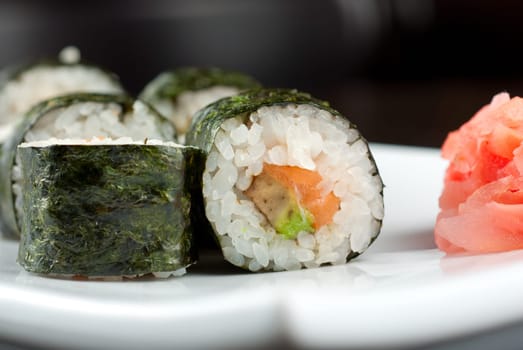 Hokkaido maki: sushi rool of avocado, nori, salmon