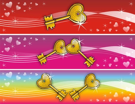 Golden heart-shaped keys over colorfull backgrounds