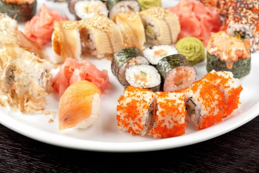 view of closeup japanese sushi set at plate