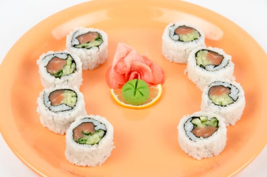 Closeup japanese sushi set at plate on a white
