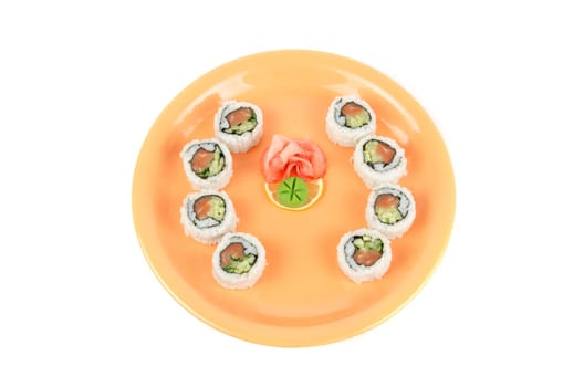 Closeup japanese sushi set at plate on a white