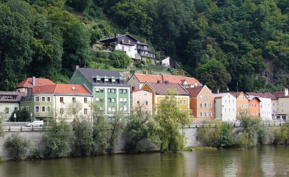 Colourful apartment buildings along the Danube in Passau