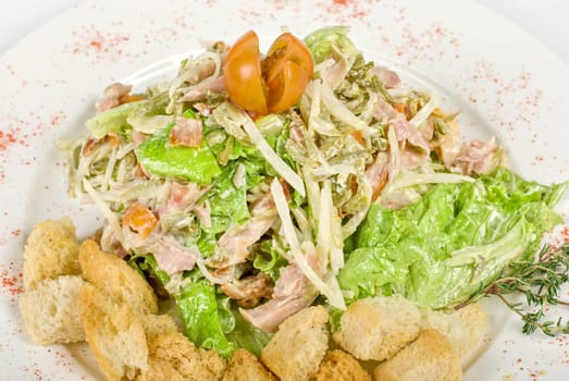 salad of meat, vegetable and dried crust dish close up on a white background