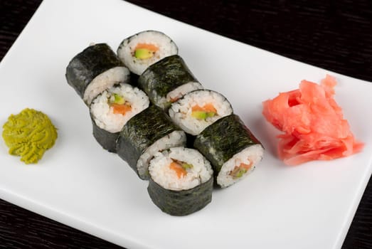 Hokkaido maki: sushi rool of avocado, nori, salmon