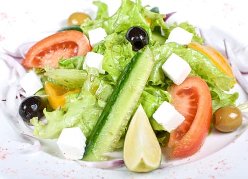 Greece salad closeup dish. Soft focus