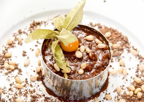 Chocolate risotto dessert closeup isolated on a white background