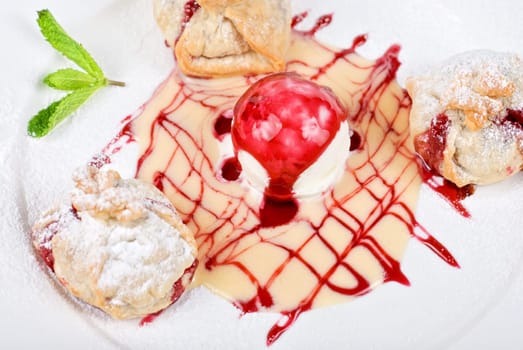 Tasty dessert with ice cream close up