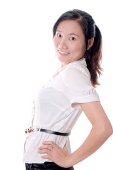 A young sassy asian business woman with white blouse isolated