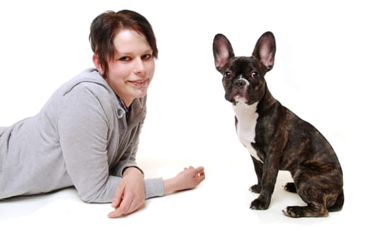 Young woman with french bulldog