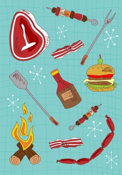 Barbecue hand draw icons set on green background. Vector avaliable.