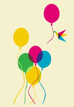 Multicolored humming bird flying with a balloon in its beak. Vector file available.