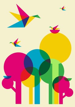 Spring time: multicolored humming birds playing in the forest. Vector file available.