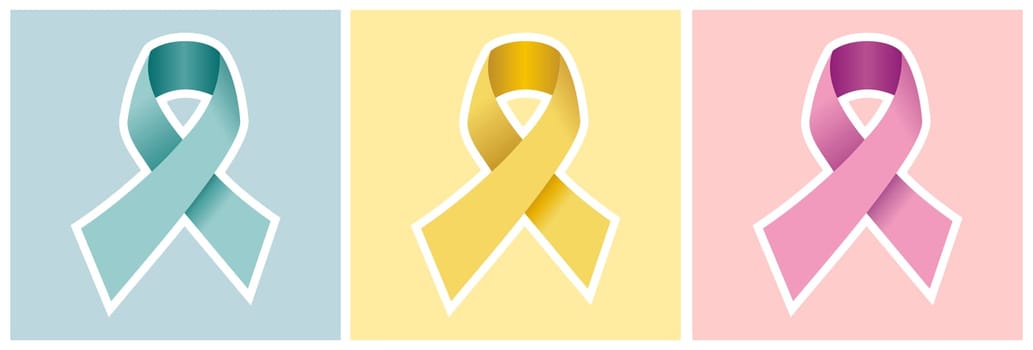 CANCER RIBBON SET in blue yellow and pink backgrounds. Symbols of prostate, childhood and breast cancer awareness. Vector file