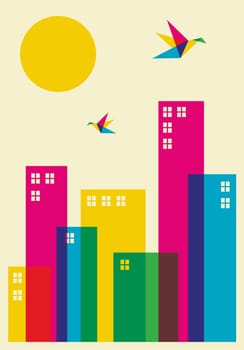Spring time in the city. Full color humming birds flying over the city. Vector file available.