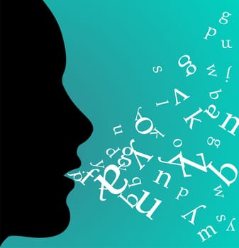 Female profile speaking and throwing letters from her mouth on green background. Vector available.