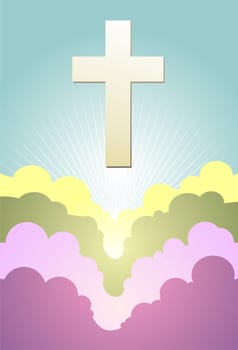 Cross silhouette at sunrise over cloudy violet background. Vector available.