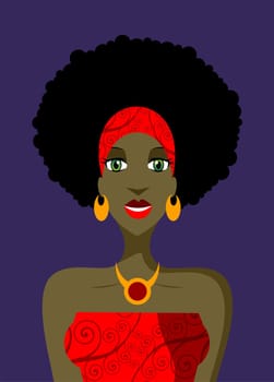 Afro woman with vintage haircut in red dress on violet background. vector available