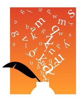 White inkwell with black feather and white letters floating above on orange background and white frame. Vector available.