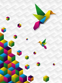 Two colorful colibri origami silhoutte with cubes in motion on white blackground Vector available.