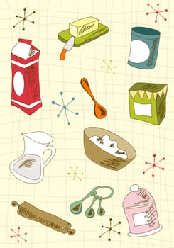 Kitchen retro elements over cream tablecloth background. Vector avaliable.