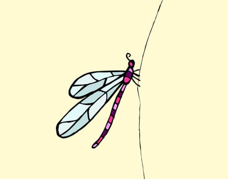 Illustration of dragonfly on pastel yellow background.