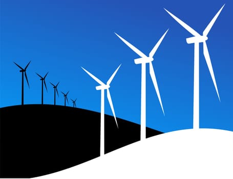 Group of Windmills silhouettes on blue and black background. Vector available.