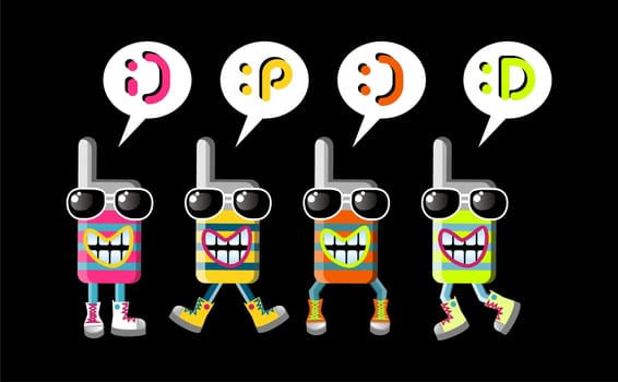 Group of four funky MOBILE PHONES mascots with different expressions. Emoticons over them.