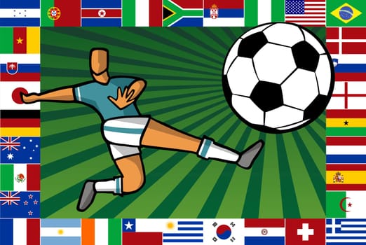 Background composition with soccer player shooting a ball sorrounded by countries flags which play the South Africa World Cup.