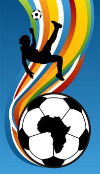 One soccer players about to kick the football with Africa Map over a soccer ball on the bottom. Multicolored banded background.