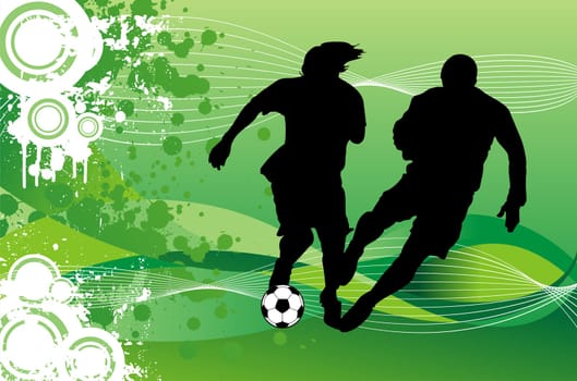 Two soccer players trying to get the ball. One of them is about to kick the football.