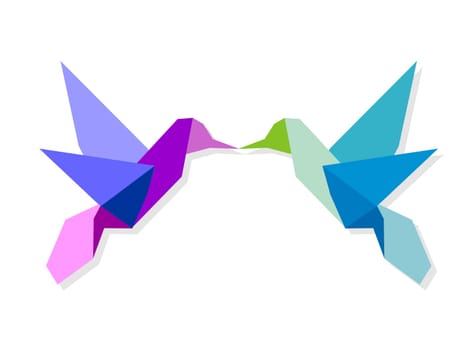 Couple of Origami vibrant colors hummingbird giving a kiss. Vector file available.
