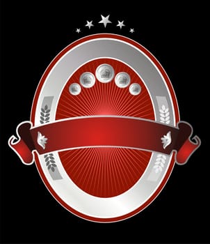 Red beer label with silver oval and five stars on top. Horizontal red ribbon crossed over black background.