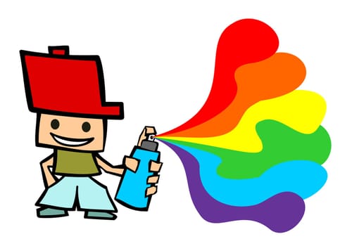 Cartoon guy spraying on white background