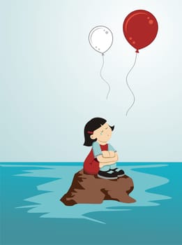 Girl crying sitting on a rock while loose balloons in the colors of Japan