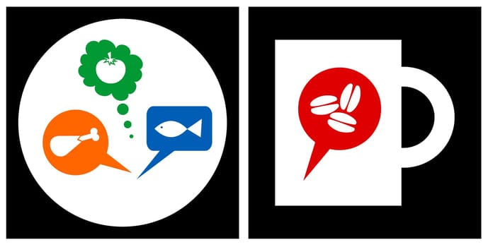 Cutlery icons. White dish and cup silhouettes on black background with meal and coffee coloured symbols. Vector avaliable