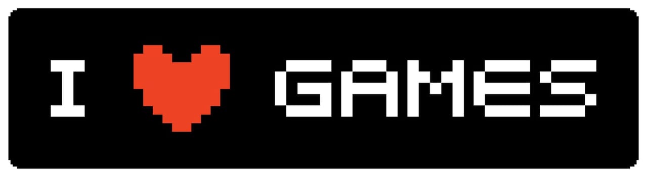 Pixeled illustration of a banner with a heart icon and the words I LOVE GAMES