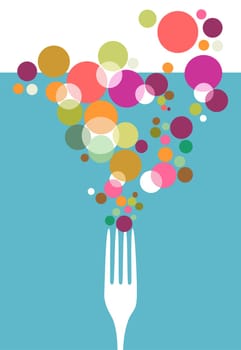 Cutlery icons. One fork silhouette with colorful circles on light blue background. Vector ilustration.