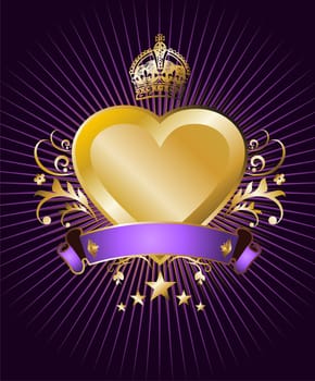 Label with a golden, crowned and winged heart over violet background. Useful for gift and Velantines card design.