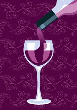 Restaurant icon. Wine bottle serving a glass silhouettes on purple background. Vector available.
