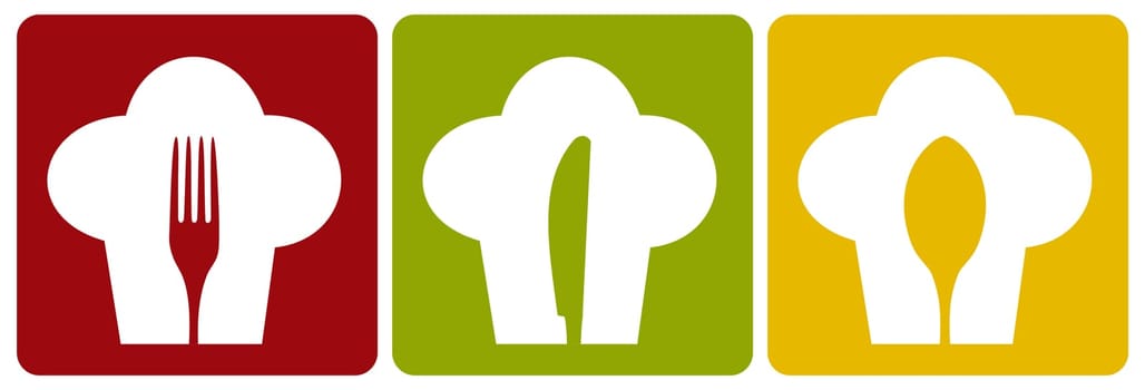 Chef icons. Chef hat silhouette pattern with cutlery inside on different background. Vector available.