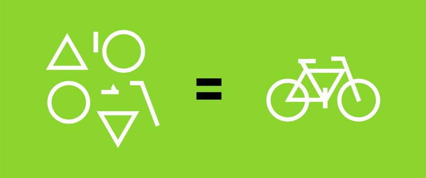 Different geometric shapes, equal sign, a bike. Green background. Vector available