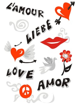Word love written in different languages and several cute icons. Vector available.