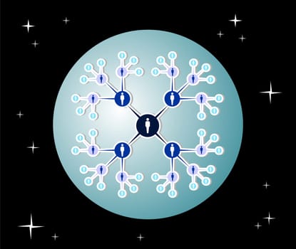 Global Social network relationship diagram over starry black background. Vector available