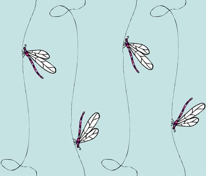 pattern Illustration of dragonflies clear green background.